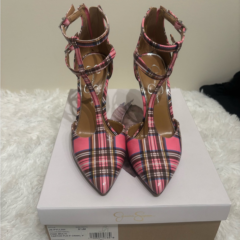 Jessica Simpson Pink Plaid Strappy Heels